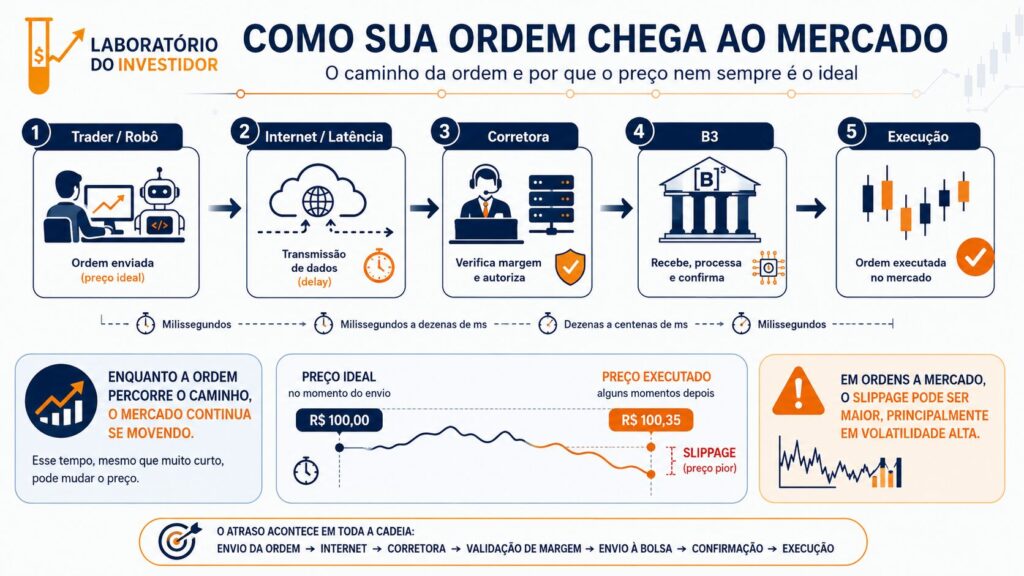Infográfico mostrando o caminho da ordem de trade entre trader, internet, corretora, B3 e execução com slippage