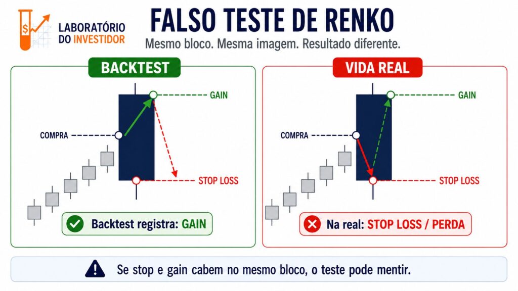 Imagem explicando o falso teste de Renko quando gain e stop ficam dentro do mesmo bloco, mostrando diferença entre backtest e vida real
