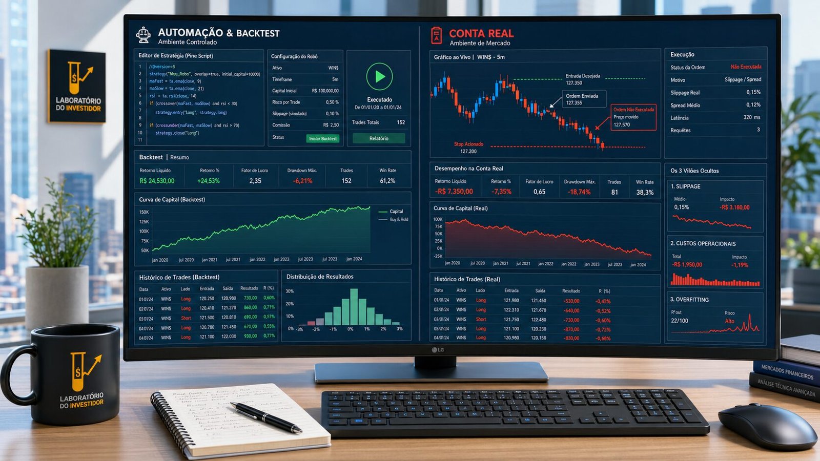 Comparação entre backtest e conta real no trading automatizado, destacando slippage, custos e overfitting