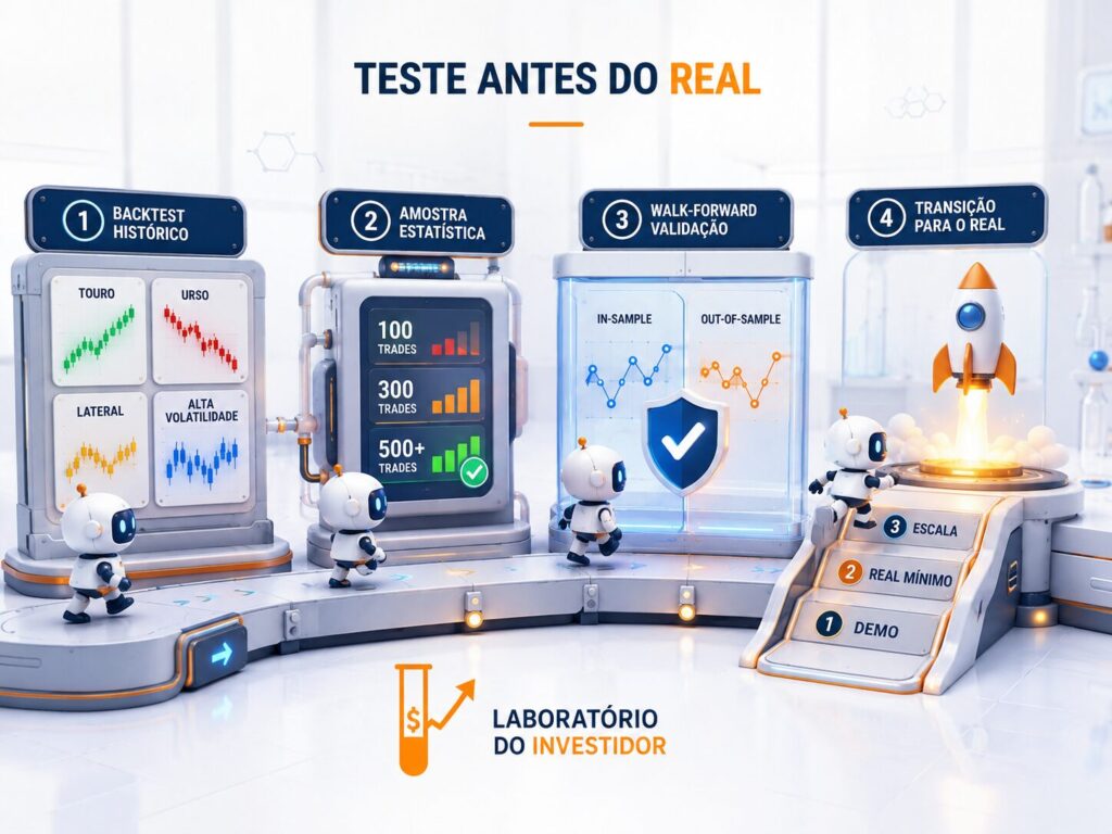 Robô de trade passando por testes de backtest, amostragem estatística, walk-forward e conta demo antes de operar dinheiro real