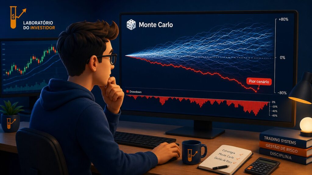 Trader analisando simulação de Monte Carlo para identificar o pior cenário de drawdown no trading.