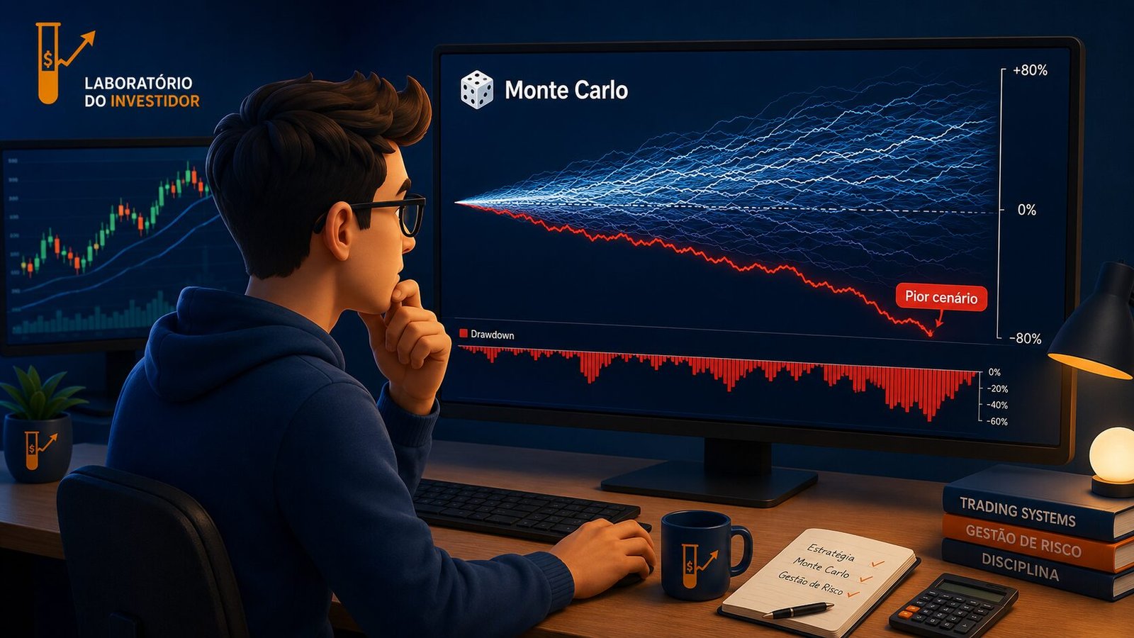 Trader analisando simulação de Monte Carlo para identificar o pior cenário de drawdown no trading.